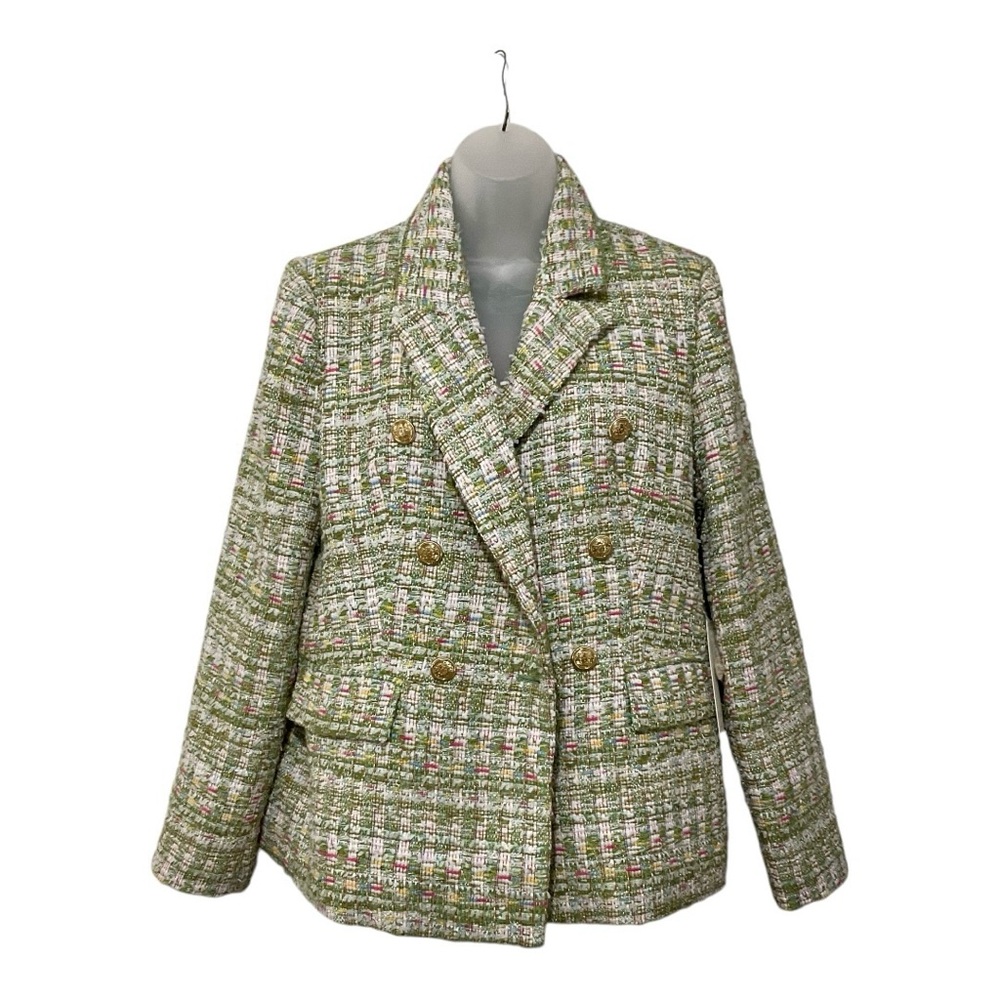 NWT $198 RACHEL ZOE Tweed Fringe Metallic Double Breasted Tweed Blazer Size Med